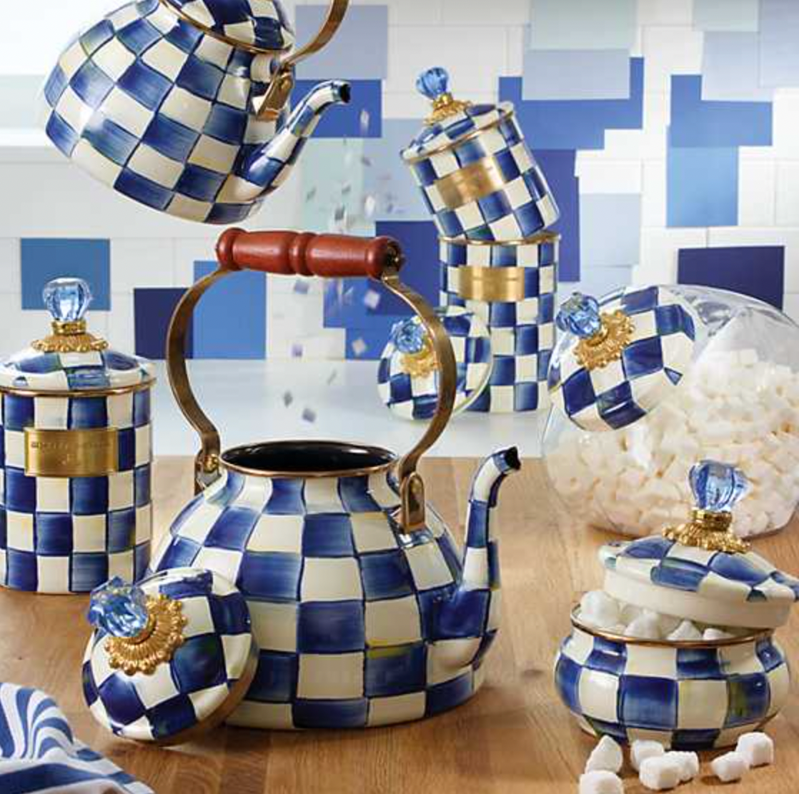 MacKenzie Childs Royal Check Cookie Jar with Enamel Lid
