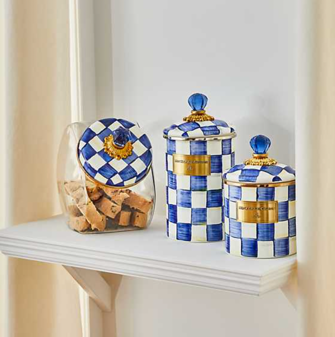 MacKenzie Childs Royal Check Cookie Jar with Enamel Lid